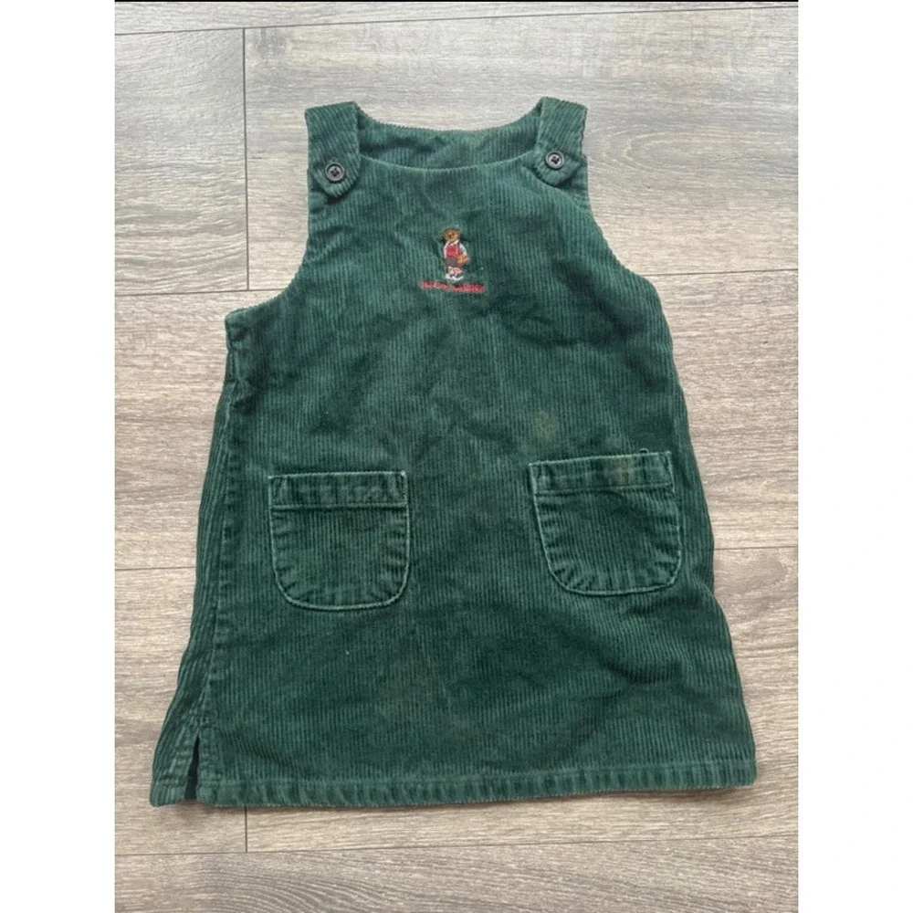 Vintage Ralph Lauren Polo Bear Green Corduroy Jumper Dress - 2T